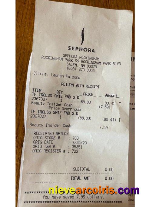 Sephora store payment receipt